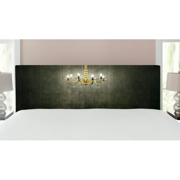 Grunge Headboard, Classic Chandelier in a Dark Gothic Wooden Room Vintage Style Room Picture, Upholstered Decorative Metal Bed Headboard with Memory Foam, King Size, Grey and Yellow, by Ambesonne