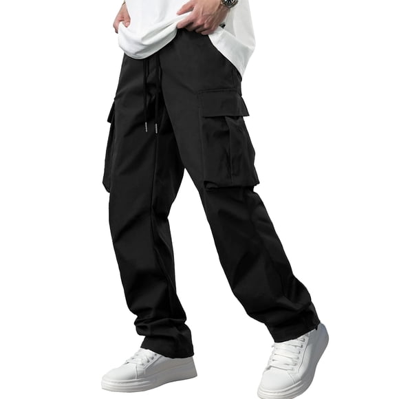 Pantalón cargo negro para hombre Comdecevis con múltiples bolsillos y cordón ajustable