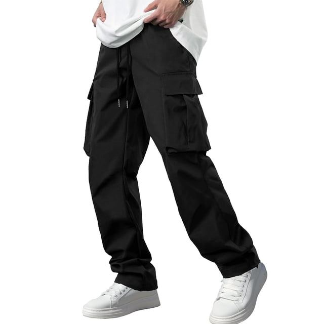 Pantalón cargo negro para hombre Comdecevis con múltiples bolsillos y cordón ajustable