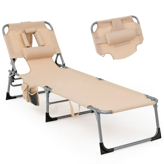 Topbuy Beach Lounge Chair with 5 Adjustable Positions, Kids, Detachable Pillow and Hand Ropes - Set of 1, Beige