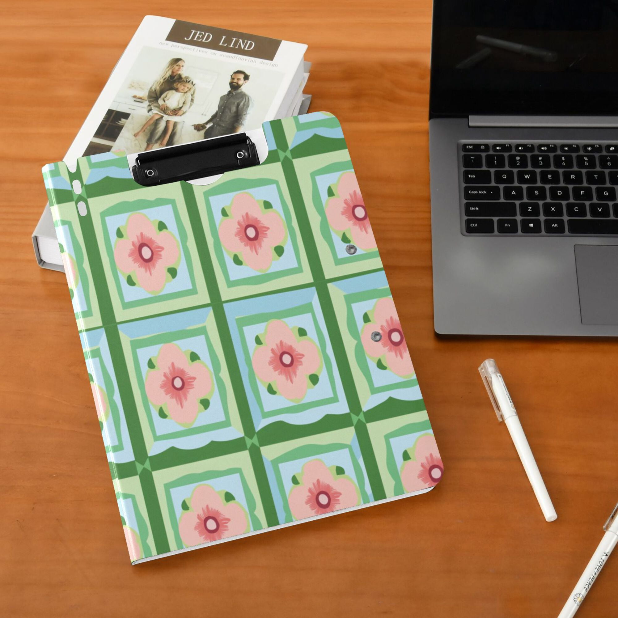 FORMRS A4 Clipboard Folder with Pen Holder Horizontal Foldable School Office Binder, Green Blossom Mosaic