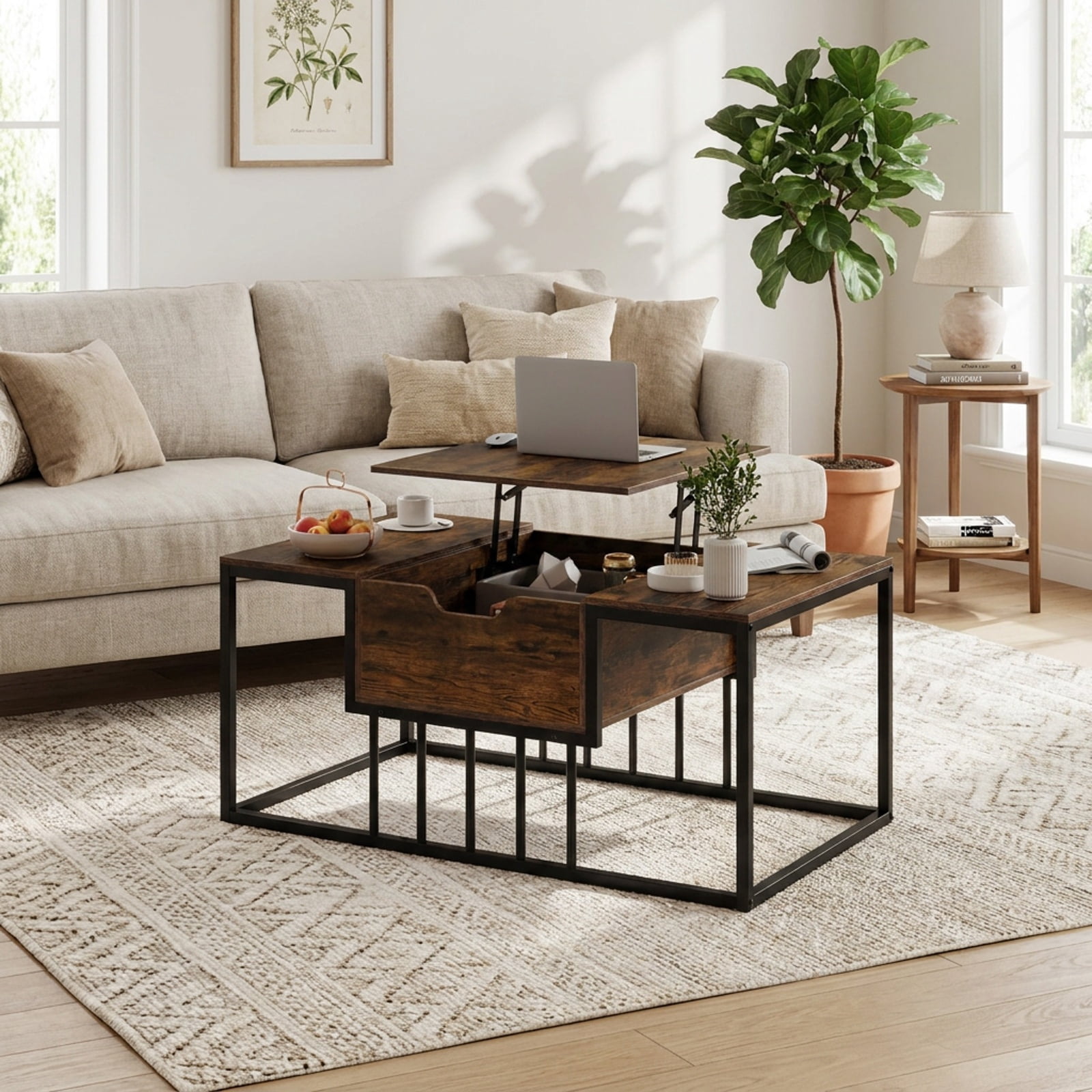 Furnibear Modern Lift Top Coffee Table with Hidden Storage Compartment Gas Struts and Powder-Coated Metal Tubes for Living Room, Rustic Brown