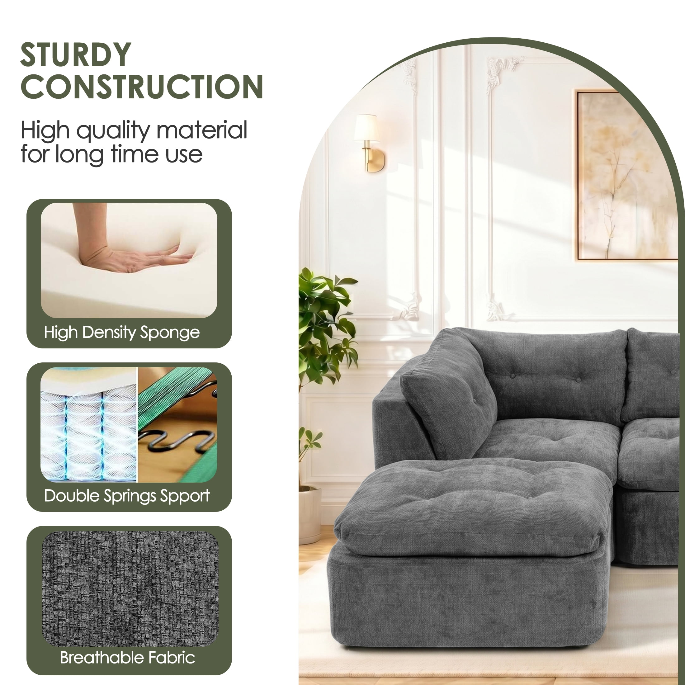 AISWORD Modular Sectional Sofa, Deep Seat Cloud Couch with Ottoman, 4-Seater Convertible L-Shaped Chenille Fabric Couch, Oversized Comfortable Frame-Free Set for Living Room, No Assembly, Grey
