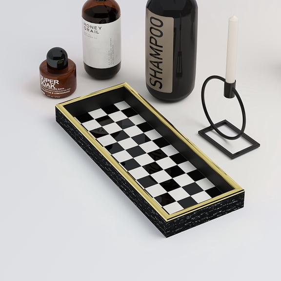 Luxurious Black Gold Checkered Glass Tray - Elegant Checkerboard Pattern Bathroom and Desktop Storage Box, Suitable for Dressing Tables, Counters, or Desktop Storage - Durable Glass Material