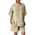 thumbnail image 3 of QATAINLAV Cotton Linen 2 Piece Outfits for Women Plus Size Loose Summer Lounge Set Casual Button Short Sleeve Tops and Bermuda Shorts Vacation Clothes Beige XXL, 3 of 10
