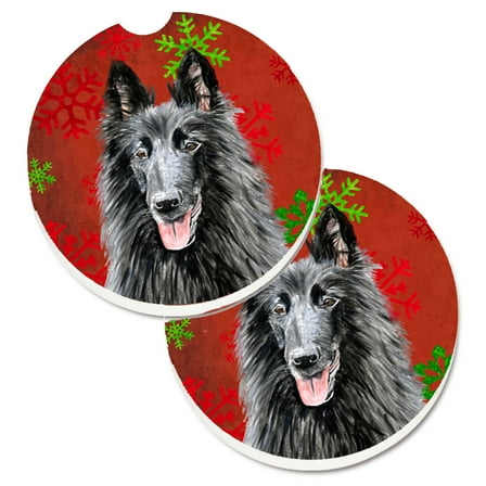 Belgian Sheepdog Red and Green Snowflakes Holiday Christmas Set of 2 Cup Holder Car Coasters