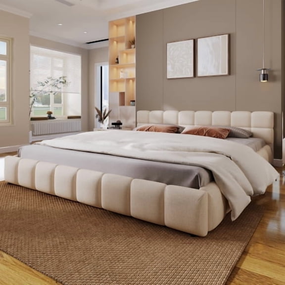 King Upholstered Bed, Elegant Chenille Fabric Bed Frame with Checkerboard Headboard Design, Modern Platform Bed with Soft Velvety Headboard, Beige