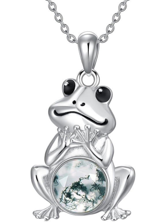 S925 Sterling Silver Frog Necklace wiht Opal Jewelry for Women Cute Frog Stuff Real Opal/Turquoise/Moonstone/Moss Agate Necklace Pendant Good Luck Gift
