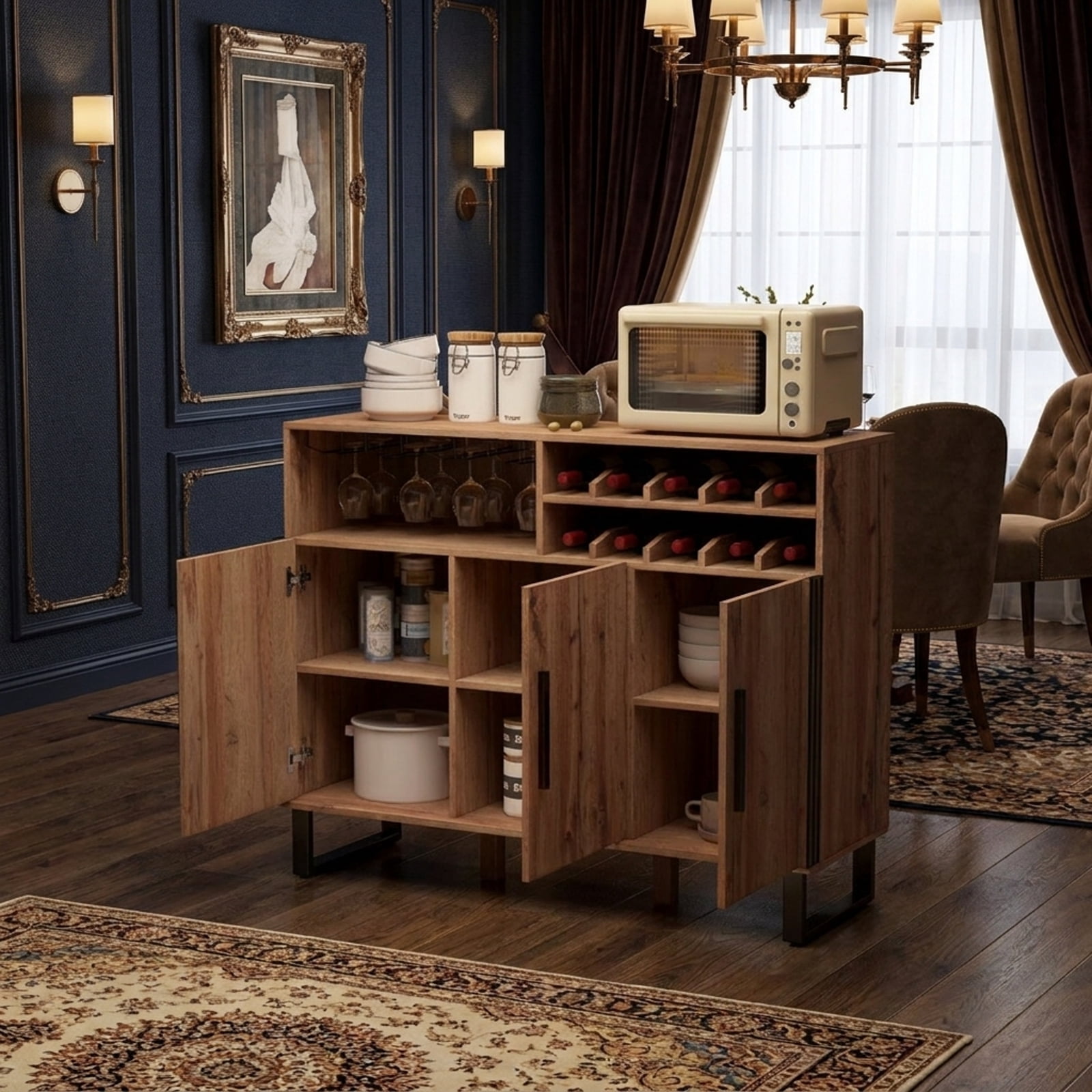 Furnibear 47" Wine Bar Cabinet with Wine Rack and Storage with Adjustable Shelves for Kitchen Pantry - Brown