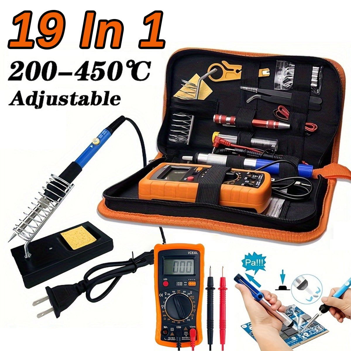 15/19pcs 60W Electrical Soldering Iron Kit - US Plug Adjustable Temperature 200-450°C Welding Tool, 15pcs Excludes Multimeter for DIY/Electronics Repair