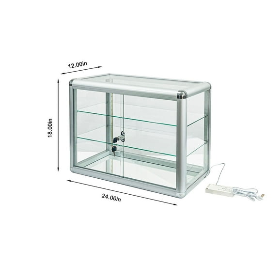Tempered Glass Display Cabinet with Lock - Aluminum Frame Showcase with LED Light - 24"W x 12"D x 18"H