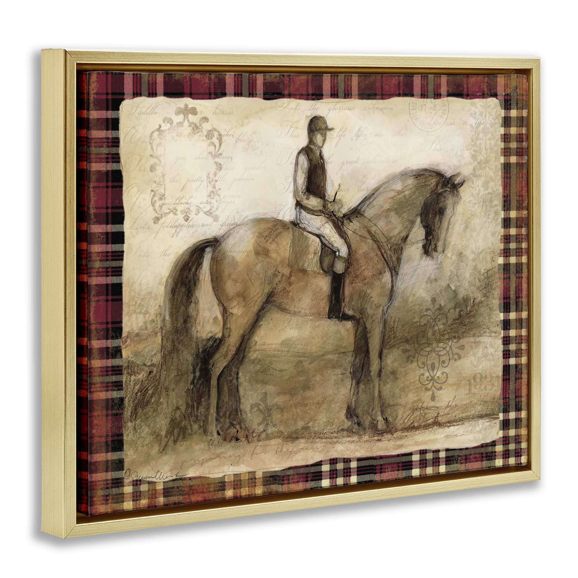 Stupell Industries Horse With Jockey & Plaid Gold Framed Floater Canvas Wall Art, design by Susan Winget