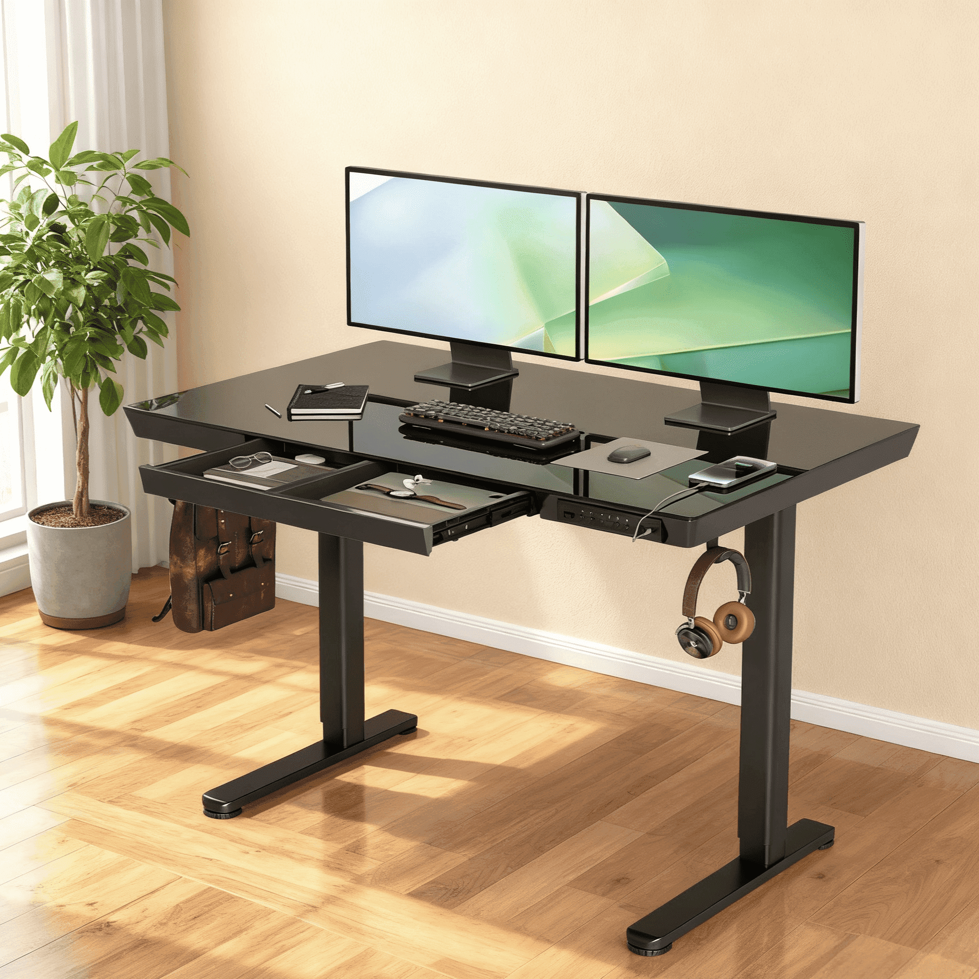 INNOVAR 48" Glass Top Standing Desk with 1 Drawer,Home Office Electric Sit to Stand up Tempered Glass Desk, Adjustable Height Rising Black Computer Work Desk with Power Outlet and USB Ports