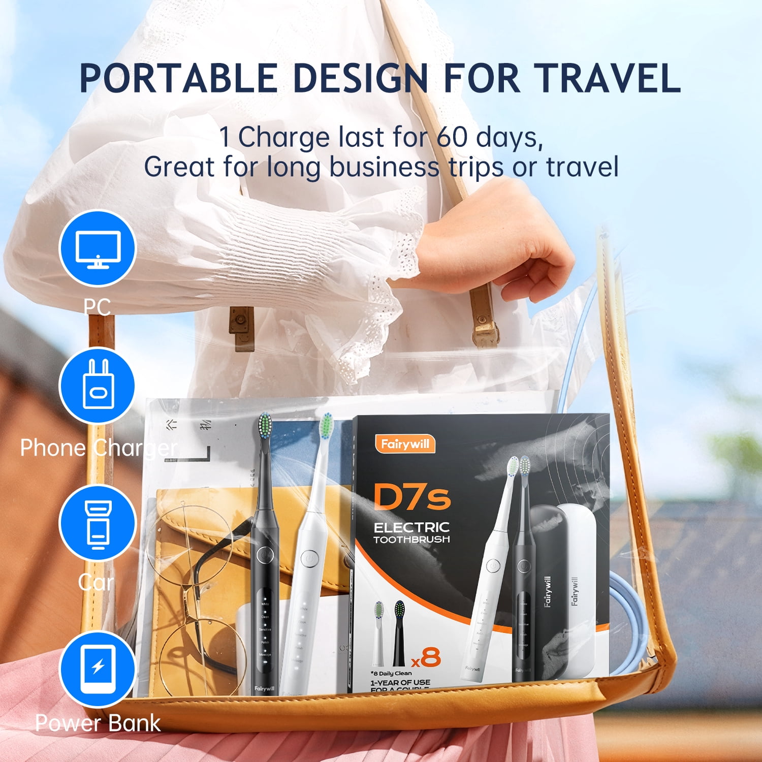 Fairywill Electric Toothbrush for Adults,Dual Pack with Travel Case 60 Day Battery Sonic Toothbrush,47,000 VPM 5 Modes IPX7 Waterproof 8 Brush Heads for Couples Family,Black & White