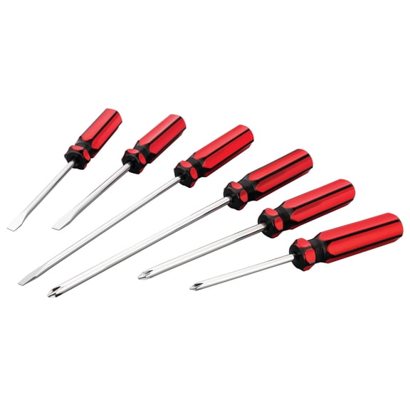 Performance Tool W1785 6 Pc. Screwdriver Set - Phillips, Slotted, Alloy Steel Shafts, Chrome-Plated, Fluted Handles, Added Length for Hard-to-Reach Fasteners, Red/Black