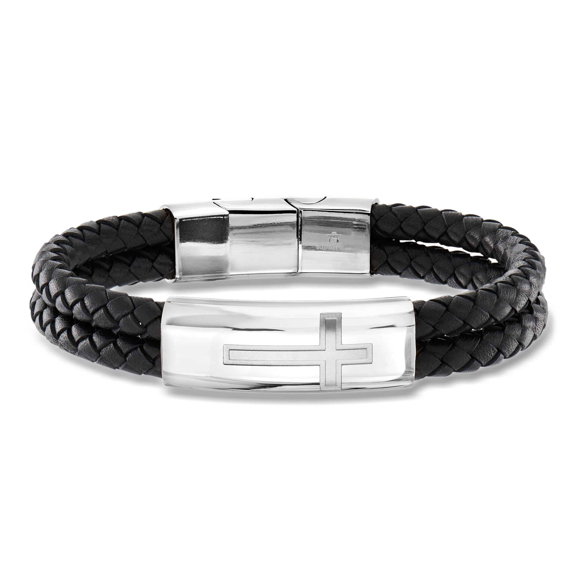 Ross-Simons Men's Stainless Steel Cross Bracelet With Black Leather for Male, Adult
