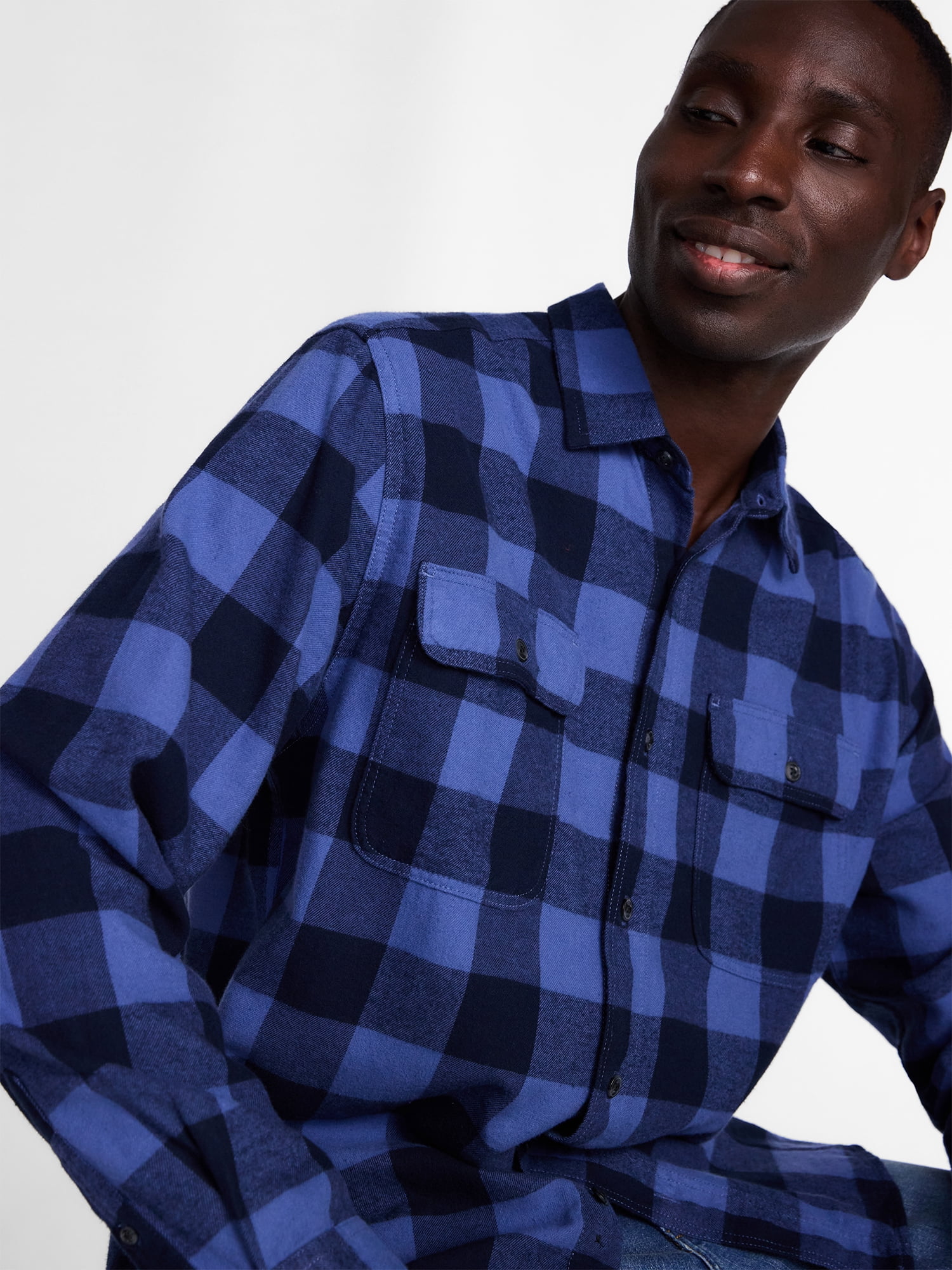George Men's and Big Men's 100% Cotton Double Pocket Flannel Shirt, Sizes XS-3XLT