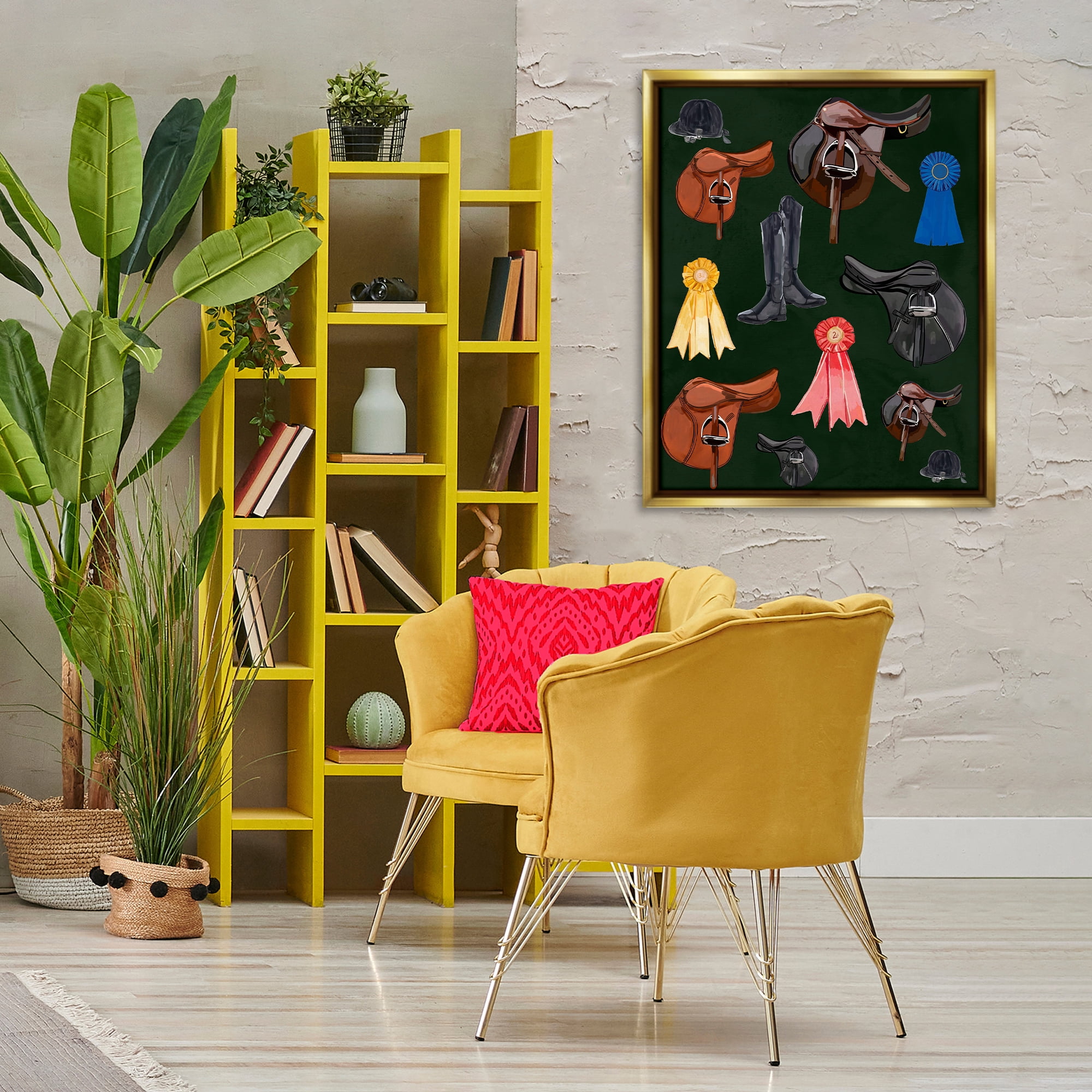 Stupell Industries Equestrian Saddles & Ribbons Sports Painting Gold Floater Framed Art Print Wall Art, 25 x 31