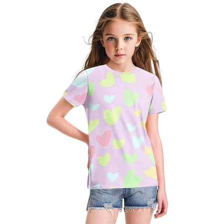 Abcomgle Girls Shirts Size 7-8 Crewneck Love Heart Print Tshirt Short Sleeve Toddler Girls T-Shirts Summer Dressy Cotton Tops Purple Pink 7-8Years