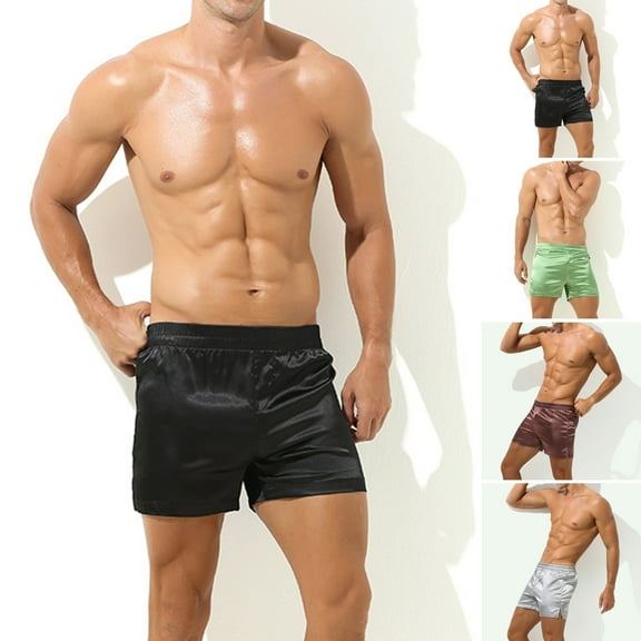 zeranth Men Casual Boxer Underwear with Leg Slits Solid Color Elastic Waistband Shorts Loose Fit Thin Smooth Satin Home Panties