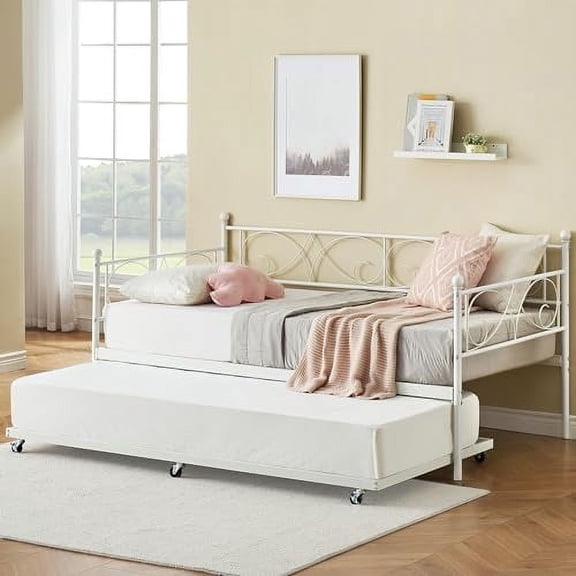 Twin Daybed with Trundle, Metal Sofa Single Bed Frame with Heavy Duty Metal Slats & Stylish Headboard, No Box Spring Needed, Multifunctional Platform Bed for Bedroom Living Room Guest Room, White