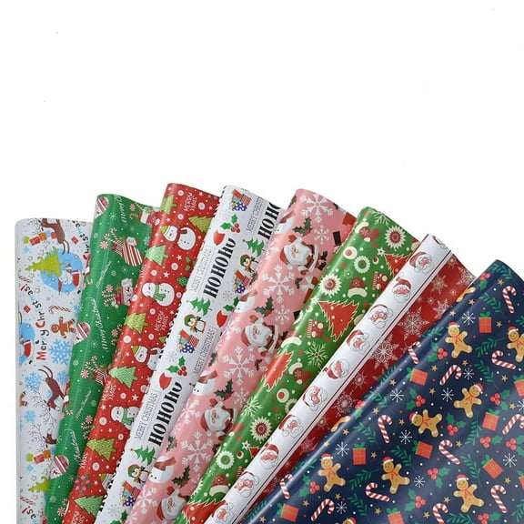 Christmas Wrapping Paper Gift Wrap, 70 x 50cm Xmas Festive Designs Santa, Reindeer, Snowmen, Snowflakes,Holiday Gifts Decorations, 8 Sheets 20"x 27" Folde