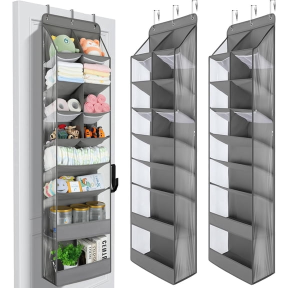 LazySpin 2 Pack over the Door Organizer 60", Deep Pockets Nursery Hanging Organizers, 8 Shelves Dorm Closet Storage, Gray