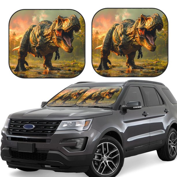 Balery Realistic Style Forest Dinosaur Parasol para parabrisas de coche de 2 piezas | Parasol plegable para parabrisas delantero de coche para la mayoría de sedanes-Small