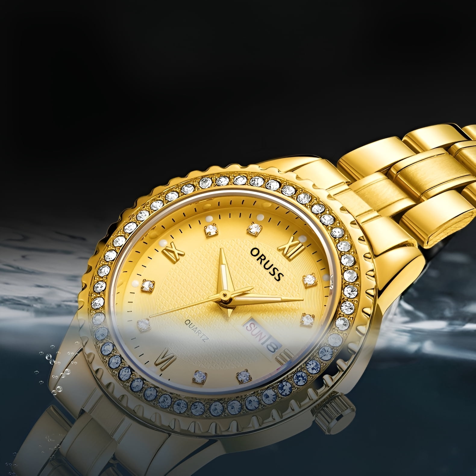 Women's Diamond Quartz Watch, Date Day Display, Luminous, Stainless Steel Band, Luxury Wristwatch