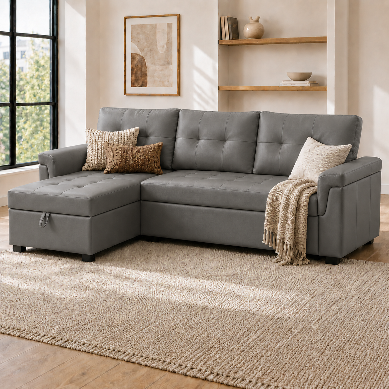 Naomi Home 85 in. Convertible Sofa with Storage, Reversible L Shape Sofa Couch with Chaise, Comfy Couches for Living Room-Color: Gray, Fabric: Air Leather