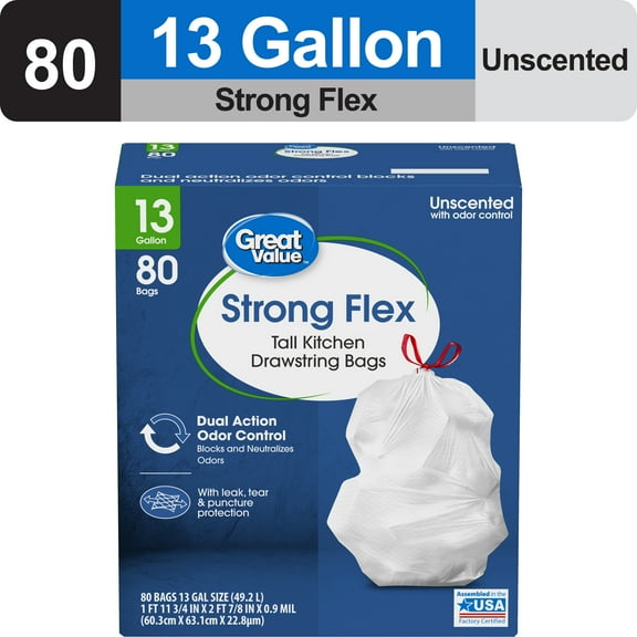 Great Value Strong Flex 13 Gallon Drawstring Tall Kitchen Trash Bags, Unscented, 80 Count
