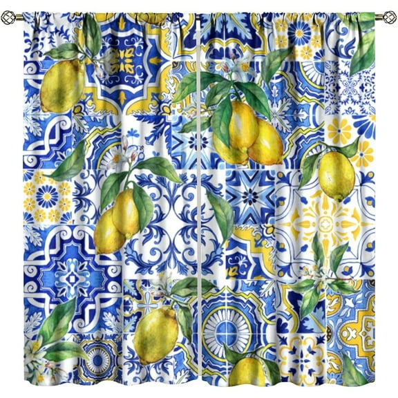 Blue Tiles Lemon Curtain, Summer Fruit Chic Home Window Decoration for Bedroom Living Room Farmhouse 42" W X 54" L