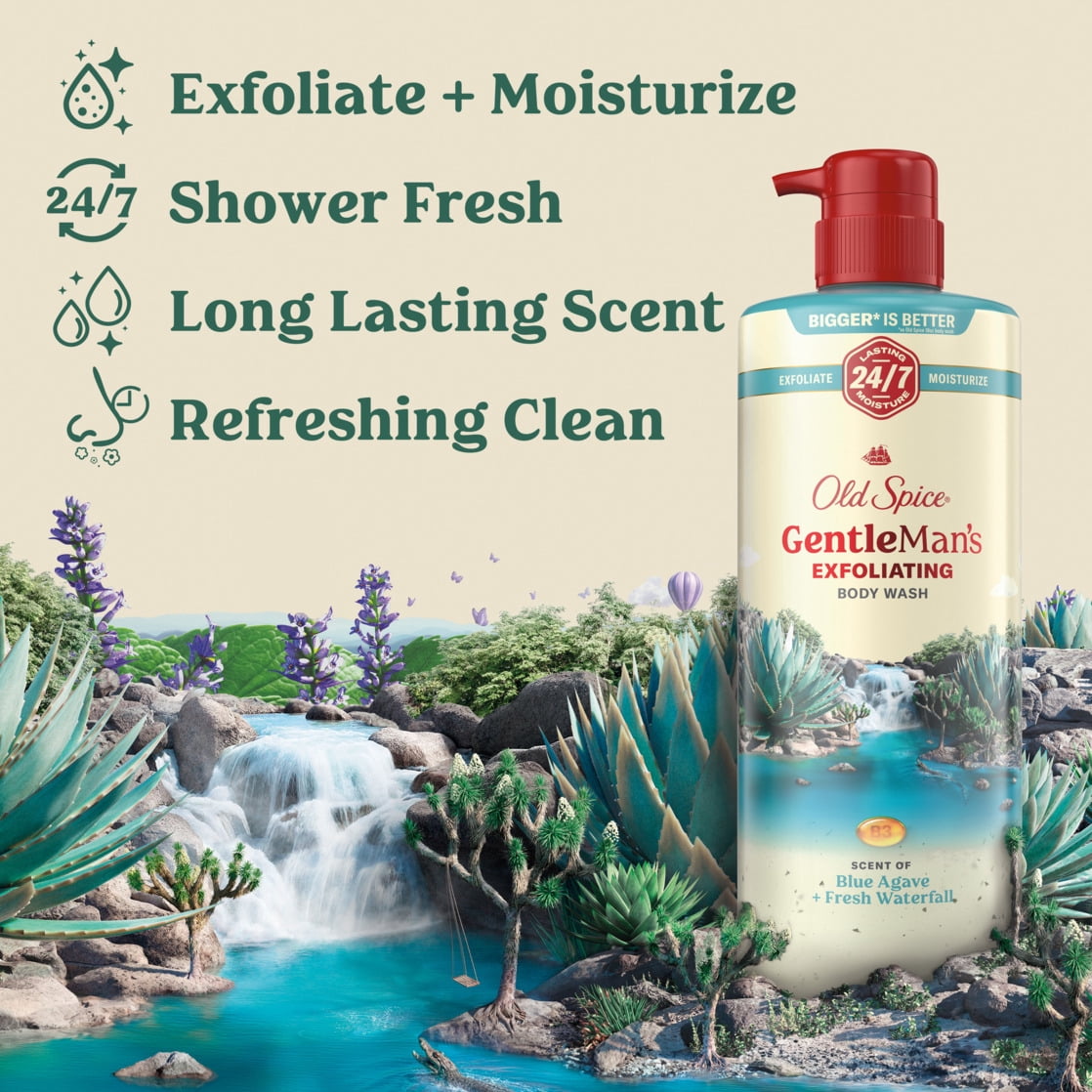 (3 pack) Old Spice GentleMan's Exfoliating Body Wash Pump, Scent of Blue Agave + Fresh Waterfall, 24/7 Shower Fresh, 26oz