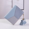 thumbnail image 5 of Cartera corta con cremallera para mujer, cartera para estudiantes, estilo coreano, costuras en contraste, borlas de colores, combina con todo, 5 of 5