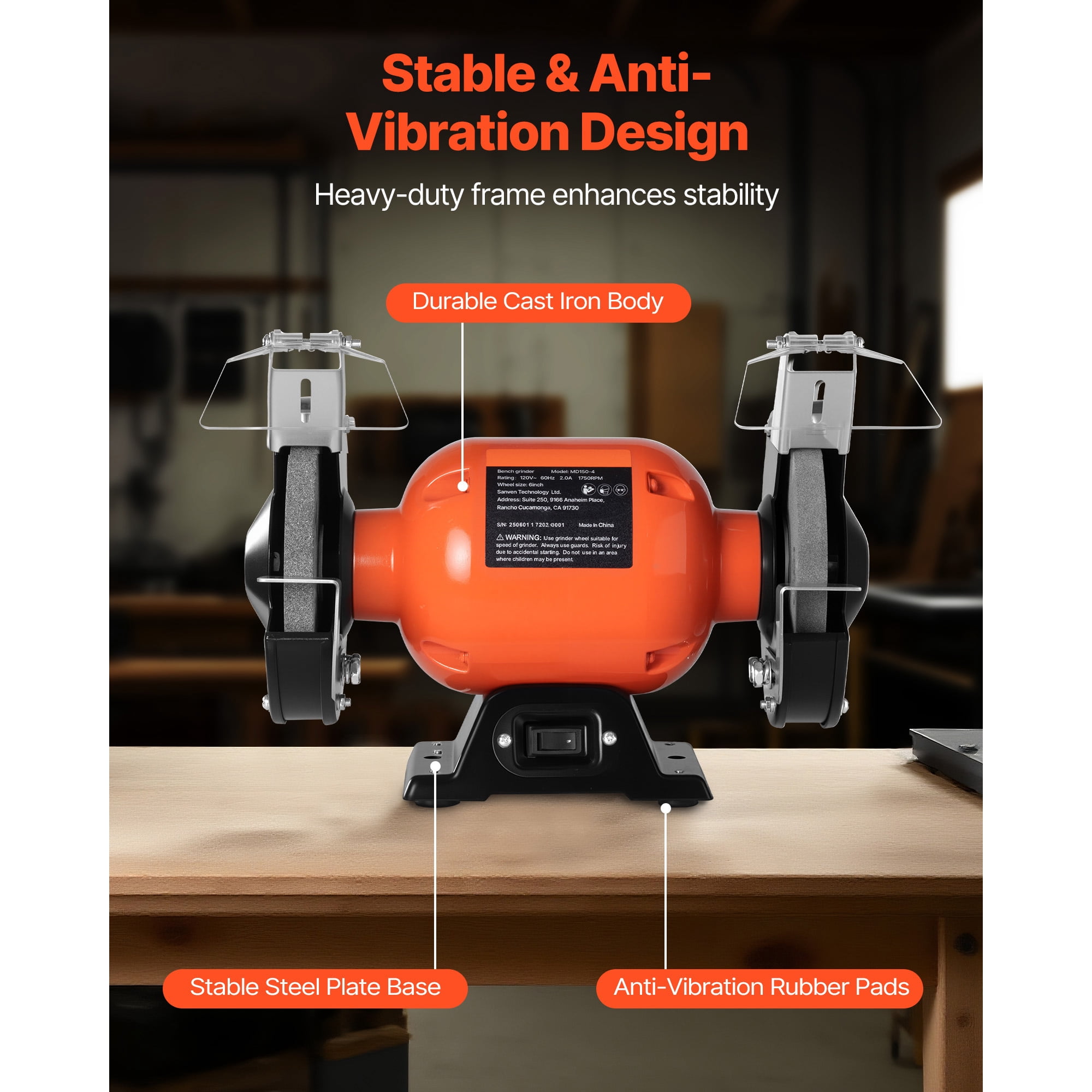KFFKFF 6-Inch Bench Grinder, Single Speed Table Grinder with 1750 RPM, 250W Induction Motor, 36/60-Grit Grinding Wheels, and Adjustable Tool Rest for Accurate Sharpening and Grinding