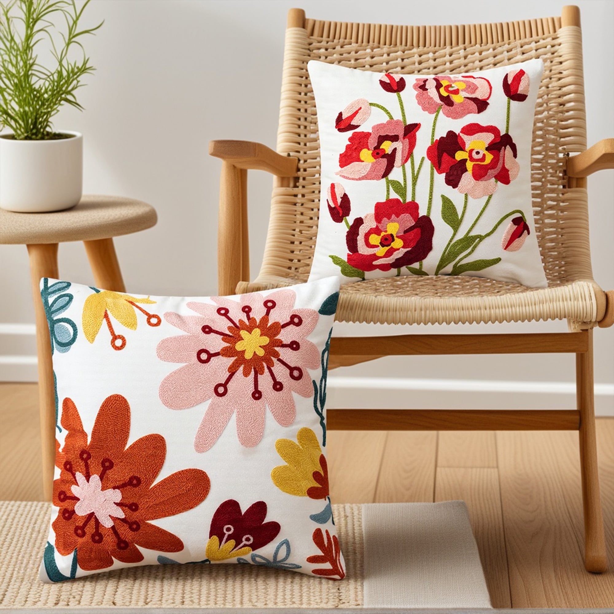 REGALWOVEN Floral Embroidered Decorative Throw Pillow Covers Set of 2, Farmhouse Flower Pattern Flower-8 18" x 18"