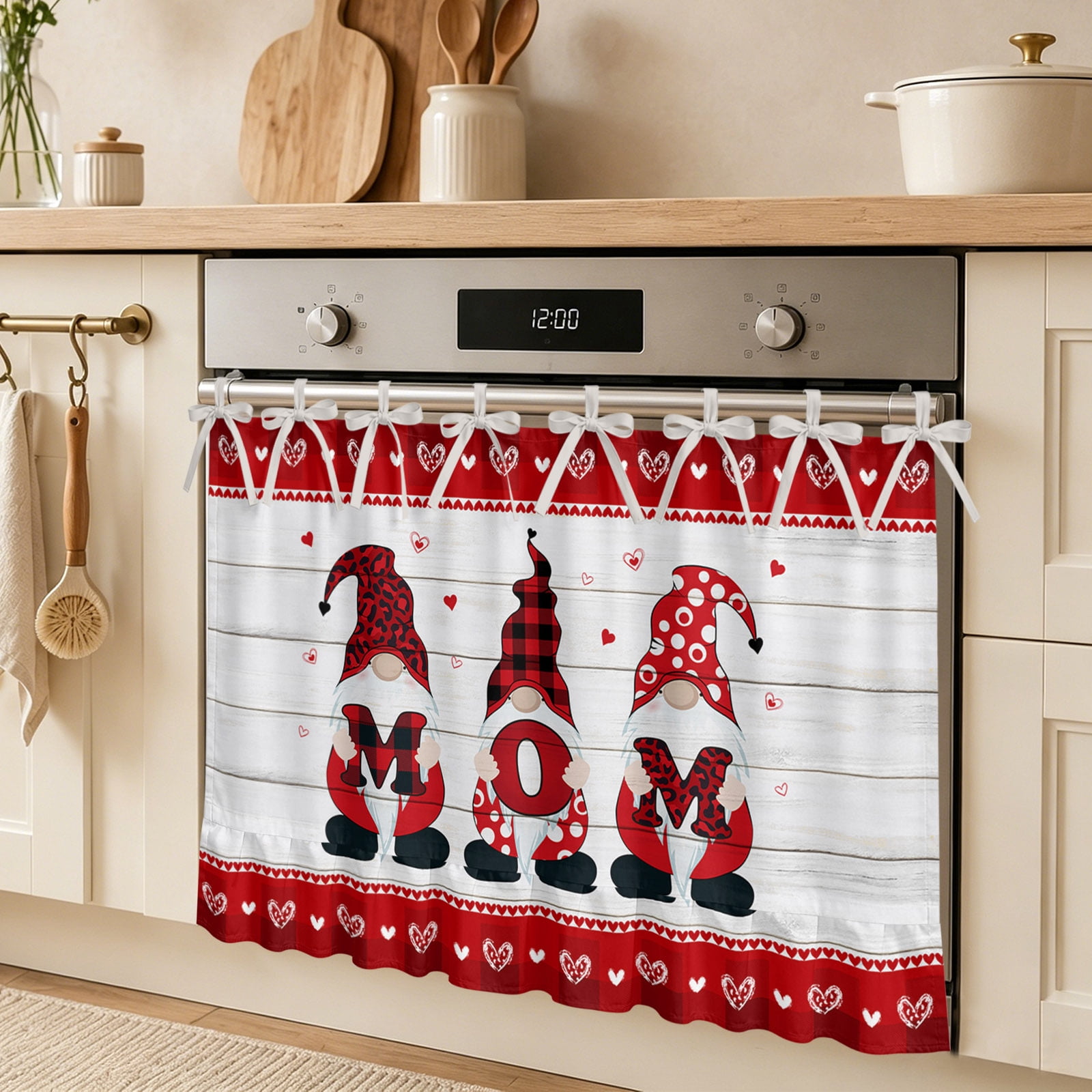 Mom Red Oven Skirt Curtain Gnomes Wood Texture Background Tie Top Tier Curtains Stove Dishwasher Skirt Small Window Drapes for Kitchen Bathroom Cafe 32 x24