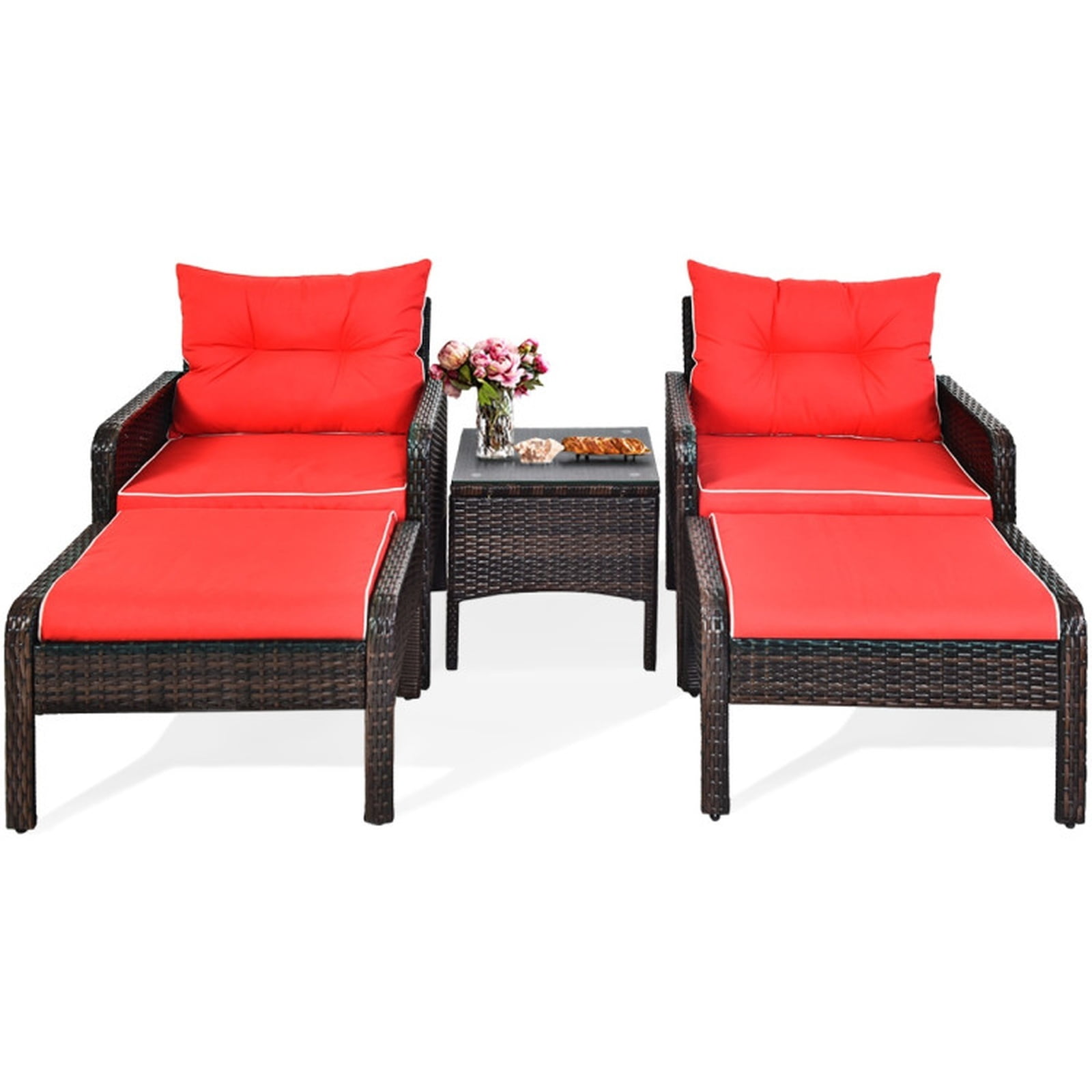 Biotree 5 Piece Patio Rattan Sofa Ottoman Set outdoor conversation set with cushions and glass side table for garden backyard and porch, Red