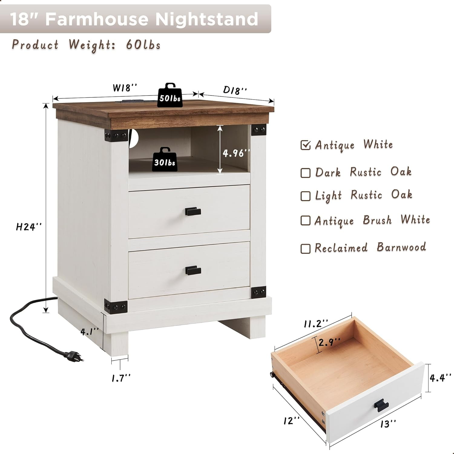 OKD Farmhouse 18" Nightstand with Charging Station, Rustic Metal Wood End Tables with Adjustable Shelves, Side Tables，Antique White