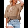 thumbnail image 2 of Blusas de Punto Gofre para Mujer, Moda 2025, Blusas de Patchwork Extragrandes con Cuello Redondo y Mangas 3/4, Color Beige, Talla S, 2 of 6