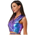 thumbnail image 2 of TTAO Womens Sleeveless Shiny Metallic Crop Tank Top Lapel Collar Wrap Laceup Vest Rave Outfits Holographic Blue S, 2 of 7