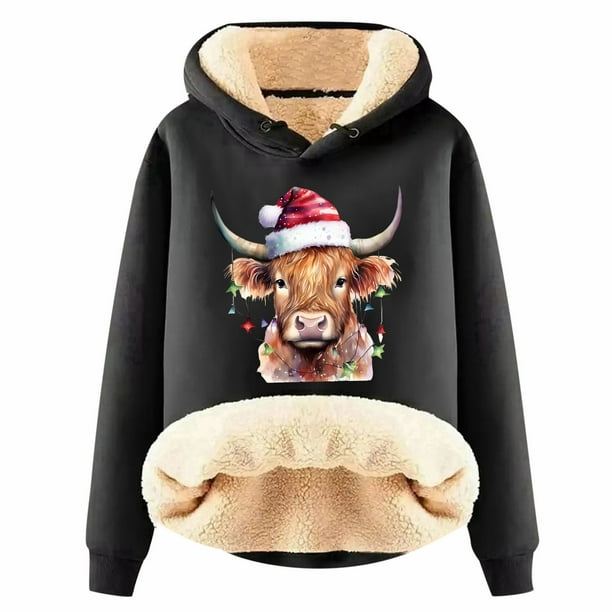 WILLBEST Sudadera para Mujer, Estilo Vaquero Navideño, con Capucha y Estampado Grueso Grande