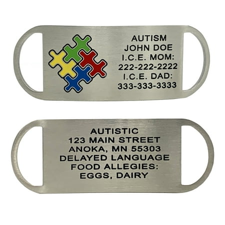 Autism Identification Shoe Tags for Nonverbal – Durable Stainless Steel Medical ID with Waterproof & Weatherproof Design – Custom Engraving, Medical Alert Symbol, Wallet Card, & Online Medical Portal