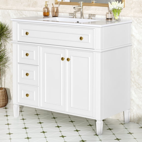 36 Inch Bathroom Vanity with Sink,White Solid Wood Cabinet with Flip-Out Drawer,3 Drawers and 2 Soft-Close Doors,Gold Handles & Modern Design