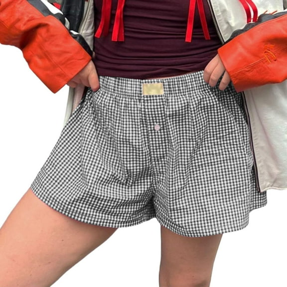 Stephy Women's Shorts Cute Soft Elastic Low Waist Plaid Print Button Front Pajama Bottoms Boxer Shorts Sleepwear, Black, L