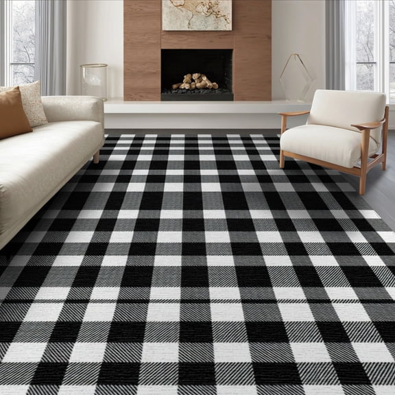 ODIKA 8'x10' Washable Area Rug Non-Slip Chair-Friendly Mat Under Farmhouse Tartan Gingham Doormat Layering Plaid Checkered Refined for Dining Room, Large Office, Lounge