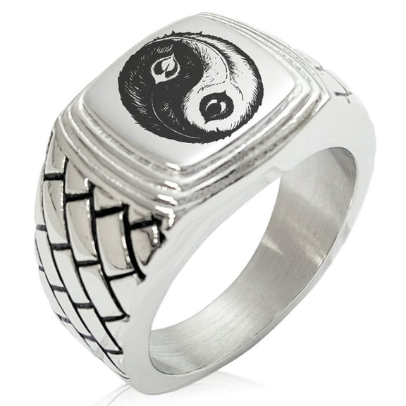 Stainless Steel Peacock Feather Yin Yang Geometric Pattern Step-Down Biker Style Polished Ring