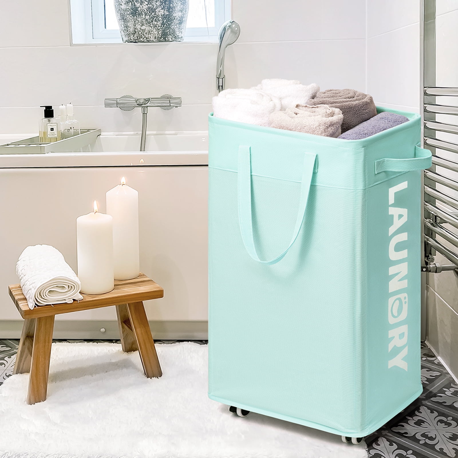 HICHEN Rolling Laundry Basket with Wheels,75L Large Collapsible Laundry Hamper with Removable Wash Bag Space for living room, Blue