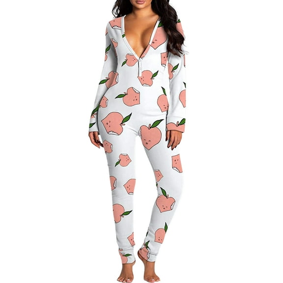 Women Butt Button Back Flap Jumpsuit Pajamas Onesies V-Neck Long Sleeve Bodysuit Rompers