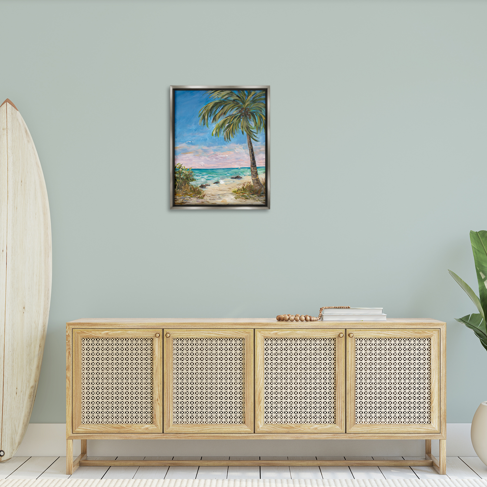 Stupell Industries By the Single Palm Coastal Painting Gray Floater Framed Canvas Art Print Wall Art, 25 x 31